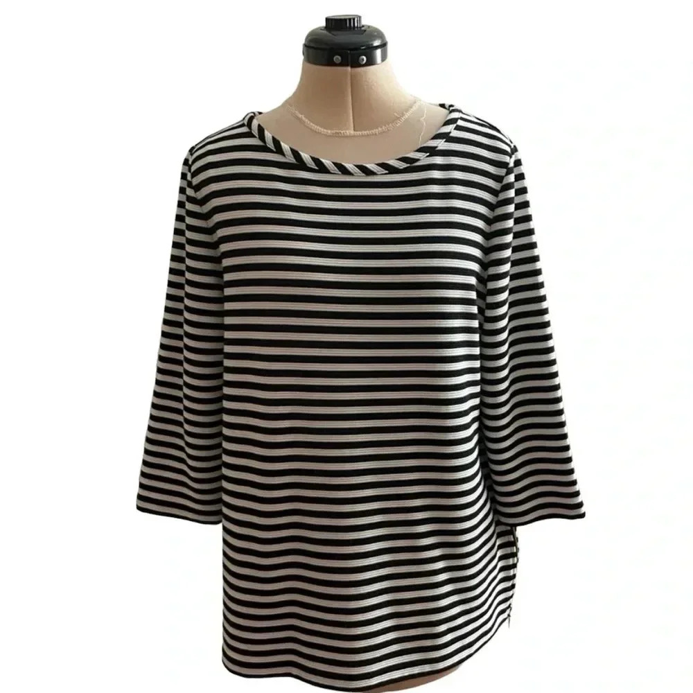 LAST CALL Chico’s Top Women’s Size Large Black White Striped 3/4 Sleeves Casual